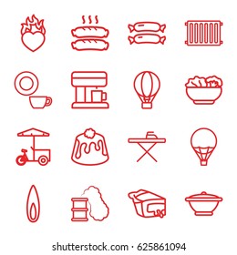 Hot icons set. set of 16 hot outline icons such as sausage, ironing table, dish, fast food cart, pie, heart in fire, food, pan, coffee machine, flame, radiator, air balloon