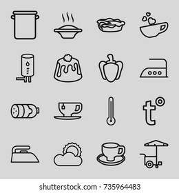 Hot icons set. set of 16 hot outline icons such as sausage, iron, tea cup, fast food cart, coffee cup, pie, pepper, cup with heart, sun, pan, geyser, temperature, thermometer