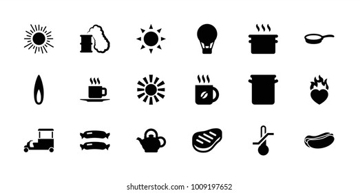 Hot icons. set of 18 editable filled hot icons: sun, sausage, coffee, air balloon, pan, hot dog, fast food cart, heart in fire, cup, beef, teapot, flame, smoking can