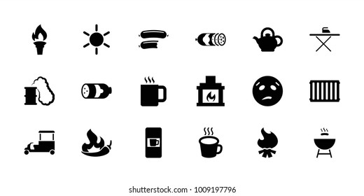 Hot icons. set of 18 editable filled hot icons: sausage, vending machine, sun, sweating emot, fast food cart, cup, fireplace, teapot, radiator, torch, smoking can, chili