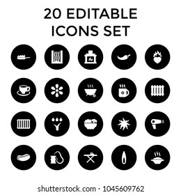 Hot icons. set of 20 editable filled hot icons such as hair dryer, ironing table, coffee, soup, coffee cup, heart in fire. best quality hot elements in trendy style.