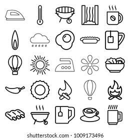 Hot icons. set of 25 editable outline hot icons such as sausage, coffee, sun, bonfire, tea cup, pepper, cup with heart, bbq, pie, food, egg, flame, air balloon, mug