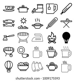 Hot icons. set of 25 editable outline hot icons such as air balloon, sausage, thermometer, coffee, ironing table, dish, soup, tea cup, fast food cart, themometer