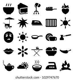 Hot icons. set of 25 editable filled hot icons such as sun, chili, teapot, hair dryer, iron, pepper, fast food cart, soup, love, food, pan, pan-fry, turk, radiator