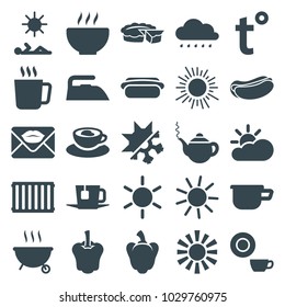 Hot icons. set of 25 editable filled hot icons such as mug, sun, teapot, iron, dish, hot dog, cup with heart, tea, cold and hote mode, radiator, temperature, sun cloud