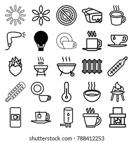 Hot icons. set of 25 editable outline hot icons such as air balloon, vending machine, sun, coffee, hair dryer, dish, barbeque, fireplace, tea cup, pie, soup, no brightness