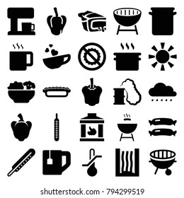 Hot icons. set of 25 editable filled hot icons such as sausage, pepper, pan, tea cup, pie, no brightness, cup with heart, thermometer, bbq, food, coffee machine