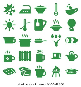 Hot icons set. set of 25 hot filled icons such as sausage, coffee, iron, pie, thermometer, cup with heart, tea cup, tea, teapot, pan, pan-fry, bbq, watering system