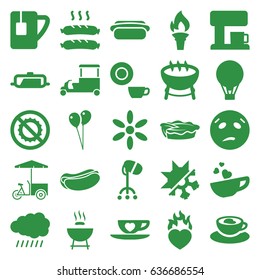 Hot icons set. set of 25 hot filled icons such as sun, pan, hair dryer, balloon, dish, sweating emot, hot dog, fast food cart, pie, no brightness, cup with heart