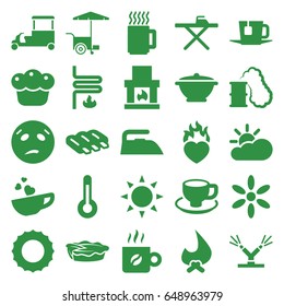 Hot icons set. set of 25 hot filled icons such as sun, sausage, ironing table, iron, sweating emot, fast food cart, coffee cup, pie, cup with heart, heart in fire, tea, coffee