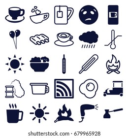 Hot icons set. set of 25 hot filled and outline icons such as sun, chili, mug, vending machine, hair dryer, balloon, sweating emot, fast food cart, coffee cup, thermometer