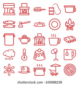 Hot icons set. set of 25 hot outline icons such as sun, sausage, pan, hair dryer, tea cup, fast food cart, pie, no brightness, fireplace, tea, teapot, pan-fry, turk