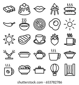 Hot icons set. set of 25 hot outline icons such as sun, sausage, coffee, pepper, coffee cup, pie, soup, no brightness, love, heart in fire, cup, beef, teapot, food, hot dog