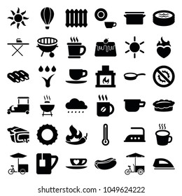 Hot icons. set of 36 editable filled hot icons such as sausage, sun, dish, iron, coffee, barbeque, hot dog, fast food cart, pie, tea cup, cup, bbq, jacuzzi, fireplace, pan