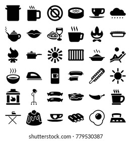 Hot icons. set of 36 editable filled hot icons such as sausage, vending machine, teapot, bonfire, tea, pepper, tea cup, pie, pasta and wine glass, soup, no brightness, love