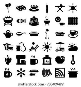 Hot icons. set of 36 editable filled hot icons such as sausage, pepper, sun, balloon, ironing table, dish, coffee, barbecue, barbeque, pan, fast food cart, coffee cup, pie
