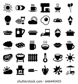 Hot icons set. set of 36 hot filled icons such as sun, sausage, pepper, pan, coffee, balloon, fast food cart, coffee cup, pie, pasta and wine glass, soup, love, heart in fire