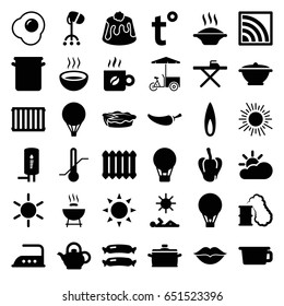 Hot icons set. set of 36 hot filled icons such as sun, sausage, pepper, hair dryer, ironing table, iron, fast food cart, pie, soup, thermometer, love, wi-fi, teapot, coffee