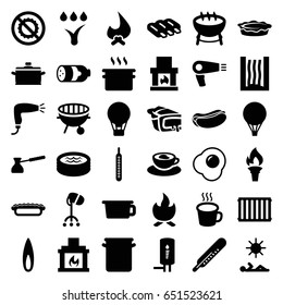 Hot icons set. set of 36 hot filled icons such as sausage, thermometer, hair dryer, hot dog, pie, no brightness, cup with heart, cup, bbq, jacuzzi, fireplace, pan, turk, egg