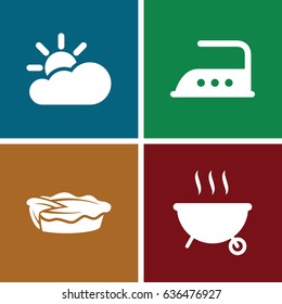 Hot icons set. set of 4 hot filled icons such as iron, pie, sun cloud