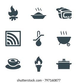 Hot icons. set of 9 editable filled hot icons such as pie, cup with heart, wi-fi, pan, torch, barbeque, bonfire, soup