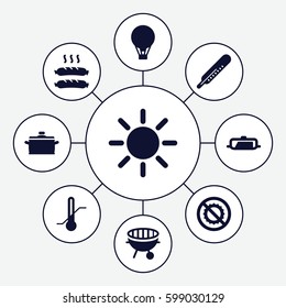 hot icons set. Set of 9 hot filled icons such as pan, thermometer, no brightness, bbq, sausage, air balloon