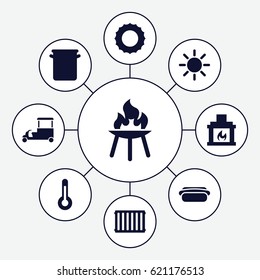 Hot icons set. set of 9 hot filled icons such as fast food cart, fireplace, hot dog, pan, bbq, temperature, radiator