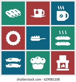 Hot icons set. set of 9 hot filled icons such as sausage, coffee, pie, tea, pan-fry, sun