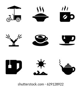 Hot icons set. set of 9 hot filled icons such as teapot, tea cup, fast food cart, cup with heart, coffee, watering system, man laying in sun