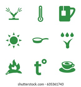 Hot icons set. set of 9 hot filled icons such as sun, chili, cup with heart, tea cup, pan, watering system, temperature