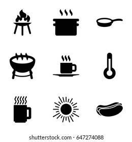 Hot icons set. set of 9 hot filled icons such as hot dog, cup, pan, bbq, temperature, mug, barbecue