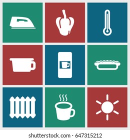 Hot icons set. set of 9 hot filled icons such as pepper, vending machine, sun, iron, cup, pie, radiator, thermometer