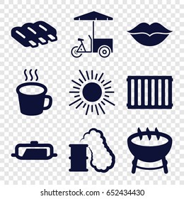 Hot icons set. set of 9 hot filled icons such as sausage, pan, fast food cart, love, cup, radiator, smoking can, barbecue