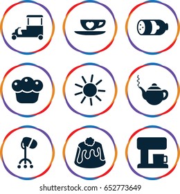 Hot icons set. set of 9 hot filled icons such as sausage, sun, teapot, hair dryer, fast food cart, pie, cup with heart
