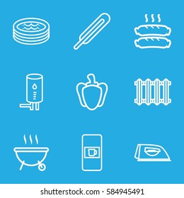 hot icons set. Set of 9 hot outline icons such as vending machine, iron, themometer, pepper, jacuzzi, sausage, geyser, radiator