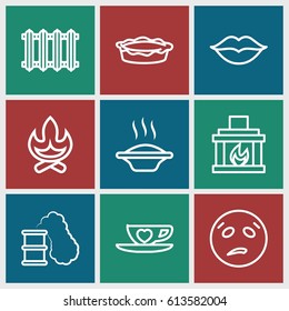 Hot icons set. set of 9 hot outline icons such as pie, love, cup with heart, fireplace, radiator, smoking can, sweating emot, soup