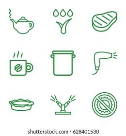 Hot icons set. set of 9 hot outline icons such as hair dryer, teapot, pie, no brightness, beef, coffee, pan