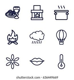 Hot icons set. set of 9 hot outline icons such as sun, pasta and wine glass, love, temperature, air balloon, bonfire, fireplace