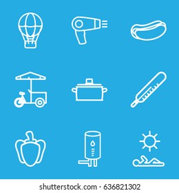 Hot icons set. set of 9 hot outline icons such as thermometer, hair dryer, hot dog, fast food cart, pepper, pan, geyser, man laying in sun