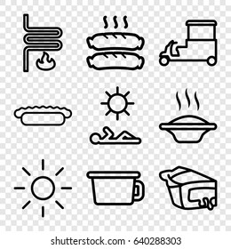 Hot icons set. set of 9 hot outline icons such as fast food cart, pie, sausage, heating system, sun, man laying in sun, soup