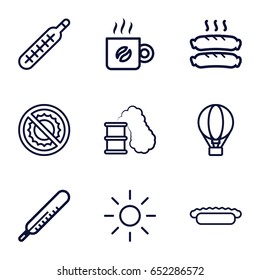 Hot icons set. set of 9 hot outline icons such as thermometer, no brightness, pie, sausage, coffee, air balloon, sun