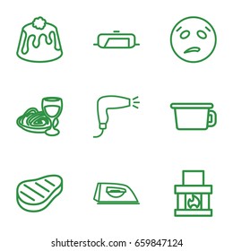 Hot icons set. set of 9 hot outline icons such as pan, hair dryer, iron, pie, pasta and wine glass, beef, sweating emot, fireplace