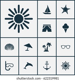 Hot Icons Set. Collection Of Armature, Goggles, Conch And Other Elements. Also Includes Symbols Such As Dolphin, Cocos, Smelting.