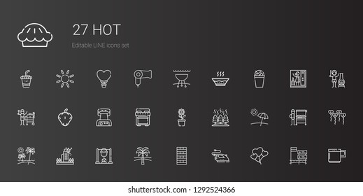 hot icons set. Collection of hot with balloons, iron, chimney, beach, bonfire, fire, pot, stove, waffle iron, pepper, grill, milkshake, soup. Editable and scalable hot icons.