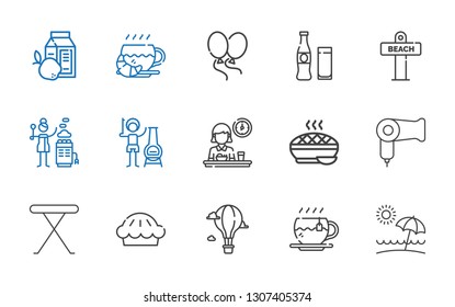 hot icons set. Collection of hot with beach, tea, hot air balloon, pie, iron table, hairdryer, breakfast, chimney, stones, beverage, balloons. Editable and scalable icons.