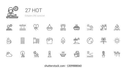 hot icons set. Collection of hot with beach, breakfast, soup, milkshake, charcoal, match, cloudy, mercury, bikini, pot, chimney, mug, pie, waffle iron. Editable and scalable hot icons.