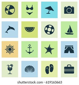 Hot Icons Set. Collection Of Bead, Melon, Ship And Other Elements. Also Includes Symbols Such As Anchor, Fish, Ball.