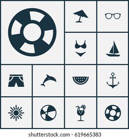 Hot Icons Set. Collection Of Bead, Bikini, Parasol And Other Elements. Also Includes Symbols Such As Goggles, Lifebuoy, Underwear.