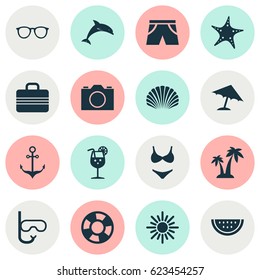 Hot Icons Set. Collection Of Bikini, Goggles, Conch And Other Elements. Also Includes Symbols Such As Sunshades, Palms, Watermelon.