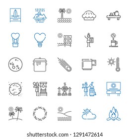 hot icons set. Collection of hot with bonfire, cloudy, beach, asteroid, hot stones, roast, russian banya, moon, thermometer, mug, pot, coffee. Editable and scalable icons.